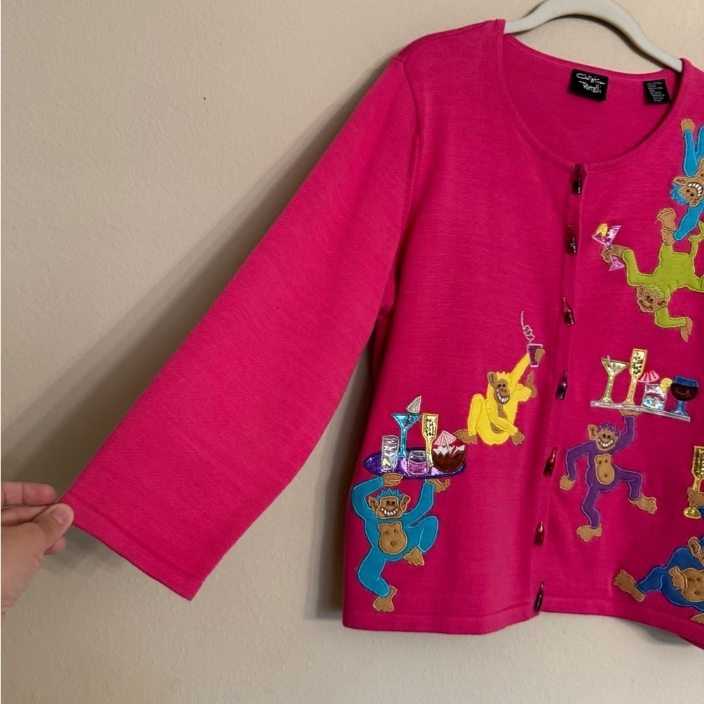 CHRISTINA ROTELLI Vintage Pink Cardigan Sweater Monkeys Martinis Sz L Fun Artsy